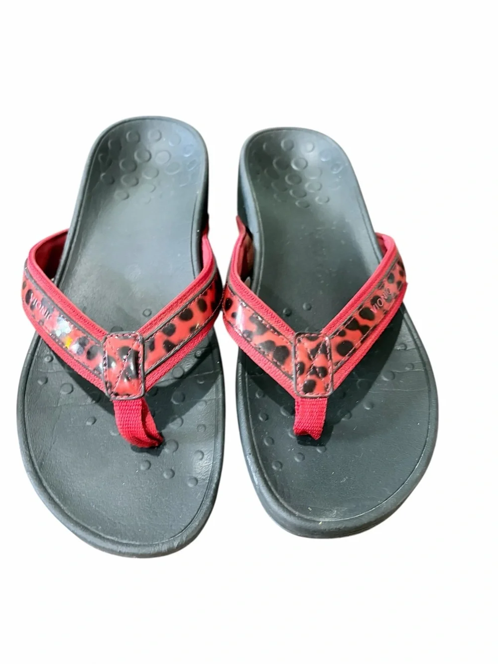 VIONIC High Tide Flip-Flops Platform Thongs Red Leopard Print Sandal Womens